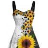 Robe de vacances à motif de feuilles de tournesol de couleur contrastée, buste froncé, col en cœur, mini robe gothique trapèze - Noir XXXXXL | US 20