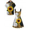 Vacation Couple Outfit Contrast Color Sunflower Leaf Pattern Ruched Bust Sweetheart Neck A Line Mini Dress and Button Up Shirt Gothic Matching Outfit - Noir S | US 4