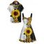 Vacation Couple Outfit Contrast Color Sunflower Leaf Pattern Ruched Bust Sweetheart Neck A Line Mini Dress and Button Up Shirt Gothic Matching Outfit - Noir S | US 4