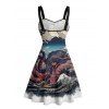 Vacation Couple Outfit Octopus Stone Wave Landscape Pattern Ruched Bust Sweetheart Neck Dress and Button Up Shirt Gothic Matching Outfit - multicolor S | US 4