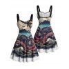 Vacation Couple Outfit Octopus Stone Wave Landscape Pattern Ruched Bust Sweetheart Neck Dress and Button Up Shirt Gothic Matching Outfit - multicolor S | US 4