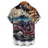 Vacation Couple Outfit Octopus Stone Wave Landscape Pattern Ruched Bust Sweetheart Neck Dress and Button Up Shirt Gothic Matching Outfit - multicolor S | US 4