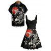 Vacation Couple Outfit Fish Peach Blossom Geometric Pattern Ruched Bust Sweetheart Neck Dress and Button Up Shirt Vintage Matching Outfit - Noir S | US 4