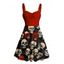 Robe gothique rétro à imprimé tête de mort et buste froncé, col en cœur, coupe trapèze, mini robe de vacances - Rouge foncé S | US 4