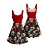 Robe gothique rétro à imprimé tête de mort et buste froncé, col en cœur, coupe trapèze, mini robe de vacances - Noir XXXXXL | US 20
