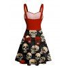Robe gothique rétro à imprimé tête de mort et buste froncé, col en cœur, coupe trapèze, mini robe de vacances - Noir XXXXXL | US 20