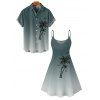 Vacation Couple Outfit Ombre Palm Tree Pattern Spaghetti Strap V Neck A Line Mini Tank Dress and Button Up Shirt Casual Matching Outfit - Vert profond S | US 4