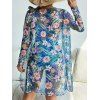 Beach Couple Outfit Tropical Print Tie Shoulder Bikini Triangle See Through Cover 3 Piece Bikini Sets and Button Up Shirt Vacation Matching Outfit - Bleu S | US 4