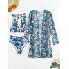 Beach Couple Outfit Tropical Print Tie Shoulder Bikini Triangle See Through Cover 3 Piece Bikini Sets and Button Up Shirt Vacation Matching Outfit - Bleu S | US 4