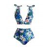 Beach Couple Outfit Tropical Print Tie Shoulder Bikini Triangle See Through Cover 3 Piece Bikini Sets and Button Up Shirt Vacation Matching Outfit - Bleu S | US 4