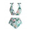 Beach Couple Outfit Tropical Print Tie Shoulder Bikini Triangle See Through Cover 3 Piece Bikini Sets and Button Up Shirt Vacation Matching Outfit - Vert clair S | US 4
