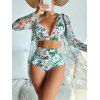 Beach Couple Outfit Tropical Print Tie Shoulder Bikini Triangle See Through Cover 3 Piece Bikini Sets and Button Up Shirt Vacation Matching Outfit - Vert clair S | US 4