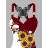 Gothic Women Outfit Monochrome Sunflower Skulls Pattern Butterfly Lace Tank Top and Wide Leg Pants Holiday Two Piece Set - Rouge foncé S | US 4