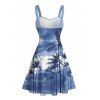 Robe de plage courte à imprimé palmier ombré, buste froncé, ceinture, décolleté en cœur, coupe trapèze - Bleu clair XXXL | US 16