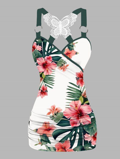 Débardeur de vacances froncé en dentelle avec motif de fleurs d'hibiscus ombré et de feuilles, haut long à bretelles et anneau en O