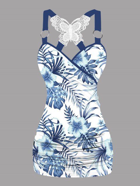 Débardeur de vacances froncé en dentelle avec motif de feuilles tropicales et de fleurs d'hibiscus et de papillons, haut long à bretelles et anneau en O
