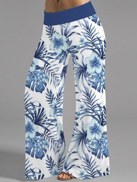 Pantalon large à motif de feuilles tropicales et de fleurs d'hibiscus, taille large et élastique, style décontracté