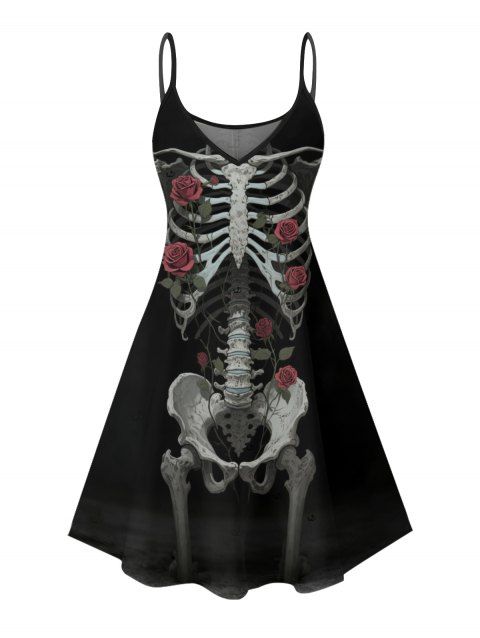 Robe gothique à motif de roses squelettes, bretelles spaghetti, col en V, coupe trapèze, mini-robe débardeur de vacances