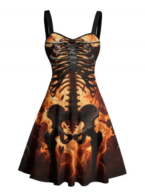Robe gothique à buste froncé et motif de feu squelette, décolleté en cœur, mini robe de vacances trapèze