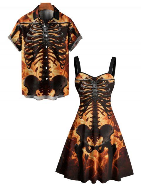 Gothic Couple Outfit Skeleton Fire Pattern Ruched Bust Sweetheart Neck A Line Mini Dress and Button Up Shirt Holiday Matching Outfit