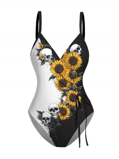 Maillot de bain une pièce imprimé tête de mort tournesol, maillot de bain rembourré à surplis cintré