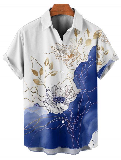Chemise de vacances à imprimé floral asymétrique et bloc de couleurs pour homme, boutonnée, retroussée, manches courtes, décontractée