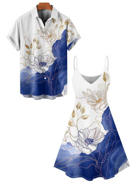Vacation Couple Outfit Colorblock Leaf Sketch Floral Asymmetrical Print Spaghetti Strap Tank Dress and Button Up Shirt Casual Matching Outfit