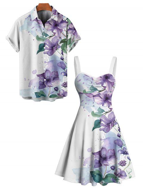 Vacation Couple Outfit Smudge Flower Leaf Pattern Ruched Bust Sweetheart Neck A Line Mini Dress and Button Up Shirt Casual Matching Outfit