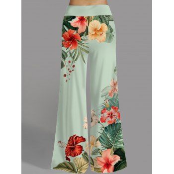 Vacation Women Outfit Leaf Colored Flowers Pattern Butterfly Lace Ruched Surplice O Ring Strap Tank Top and Wide Leg Pants Casual Set