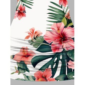 Ombre Hibiscus Flowers Leaf Pattern Butterfly Lace Ruched Vacation Tank Top Surplice O Ring Strap Long Top