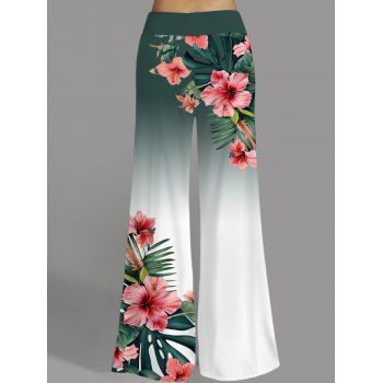 Vacation Women Outfit Ombre Hibiscus Flowers Leaf Pattern Butterfly Lace Ruched Tank Top and Wide Leg Pants Casual Set