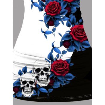 Rose Leaf Skulls Pattern Butterfly Lace Ruched Gothic Tank Top Surplice O Ring Strap Holiday Long Top