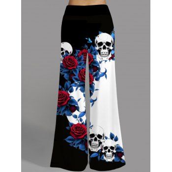 Gothic Women Outfit Rose Leaf Skulls Pattern Butterfly Lace Ruched Surplice O Ring Strap Tank Top and Wide Leg Pants Holiday Set