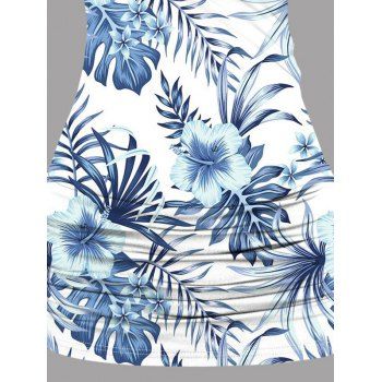 Hibiscus Flowers Tropical Leaf Pattern Butterfly Lace Ruched Vacation Tank Top Surplice O Ring Strap Long Top