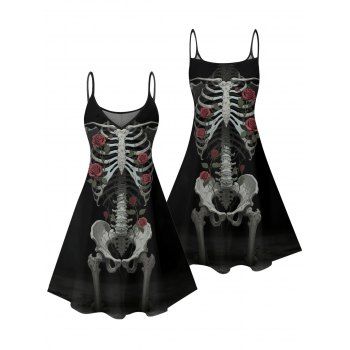 Skeleton Rose Pattern Gothic Dress Spaghetti Strap V Neck A Line Mini Holiday Tank Dress