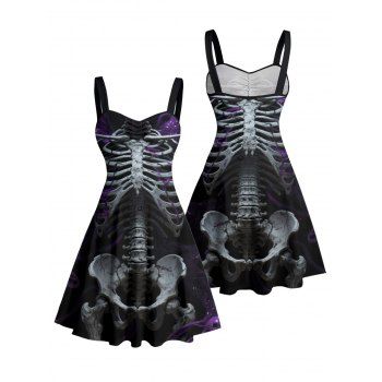 Skeleton Fire Pattern Ruched Bust Gothic Dress Sweetheart Neck A Line Mini Holiday Dress