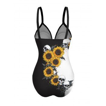 Sunflower Skull Print One Piece Swimsuit Cinched Surplice Padded Swimwear