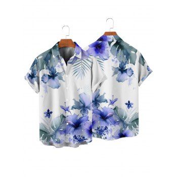 Vacation Couple Outfit Flower Leaf Print Ruched Bust Sweetheart Neck A Line Mini Dress and Button Up Shirt Casual Matching Outfit