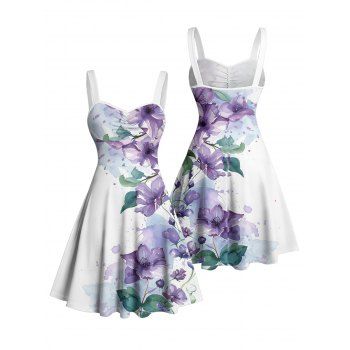 Smudge Flower Leaf Pattern Ruched Bust Vacation Dress Sweetheart Neck A Line Mini Casual Dress