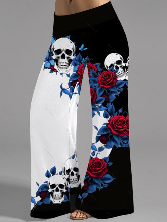 Pantalon large style gothique à motif de feuilles de roses et de crânes, taille large et élastique, pantalon long pour les vacances - Noir XXL | US 14