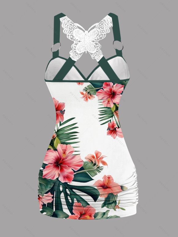Débardeur de vacances froncé en dentelle avec motif de fleurs d'hibiscus ombré et de feuilles, haut long à bretelles et anneau en O - Vert profond XL | US 12