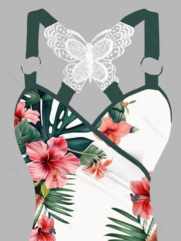 Débardeur de vacances froncé en dentelle avec motif de fleurs d'hibiscus ombré et de feuilles, haut long à bretelles et anneau en O - Vert profond XL | US 12