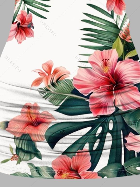 Débardeur de vacances froncé en dentelle avec motif de fleurs d'hibiscus ombré et de feuilles, haut long à bretelles et anneau en O - Vert profond XL | US 12