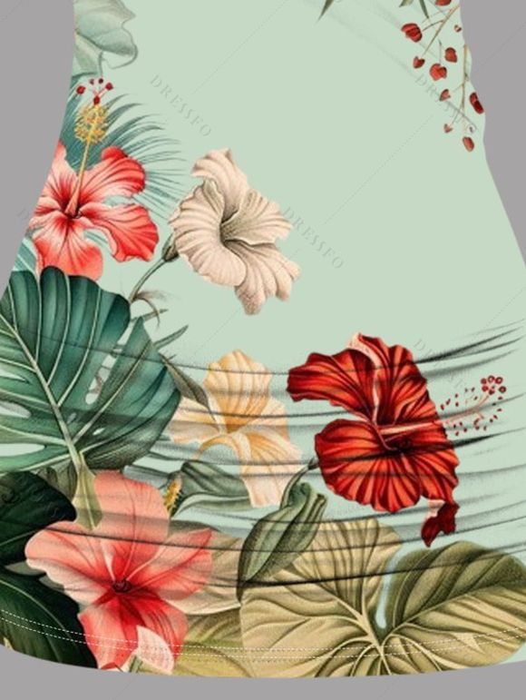 Débardeur de vacances froncé en dentelle à motif de fleurs colorées et papillons, haut long à bretelles et anneau en O - Vert clair XL | US 12