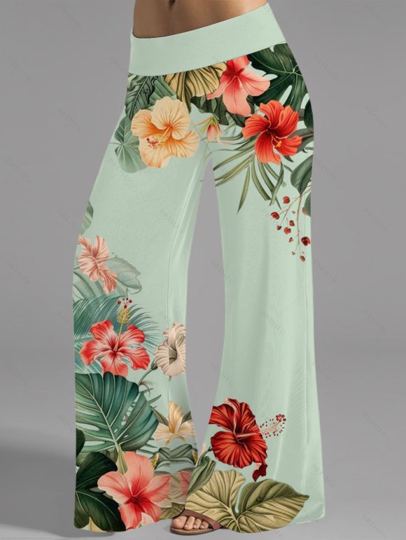 Pantalon large à motif de fleurs colorées et feuilles pour les vacances, taille large et élastique, pantalon long décontracté - Vert clair XXL | US 14