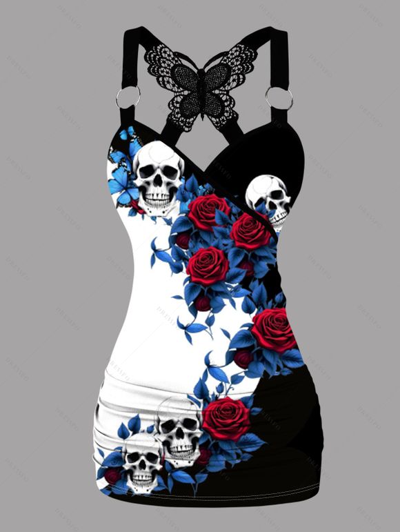 Débardeur gothique froncé à motif de feuilles de roses et de crânes, en dentelle et papillon, avec bretelles à anneau en O, haut long pour les vacances - Noir XXL | US 14