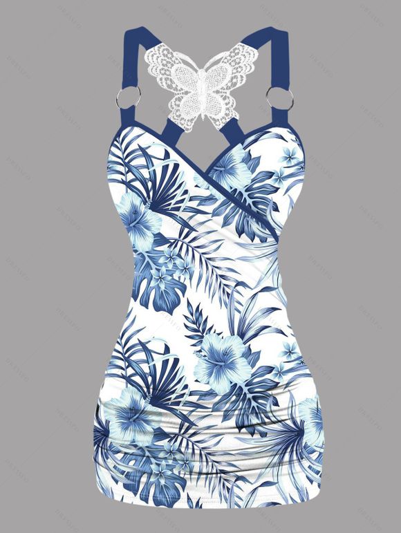 Débardeur de vacances froncé en dentelle avec motif de feuilles tropicales et de fleurs d'hibiscus et de papillons, haut long à bretelles et anneau en O - Bleu XXL | US 14