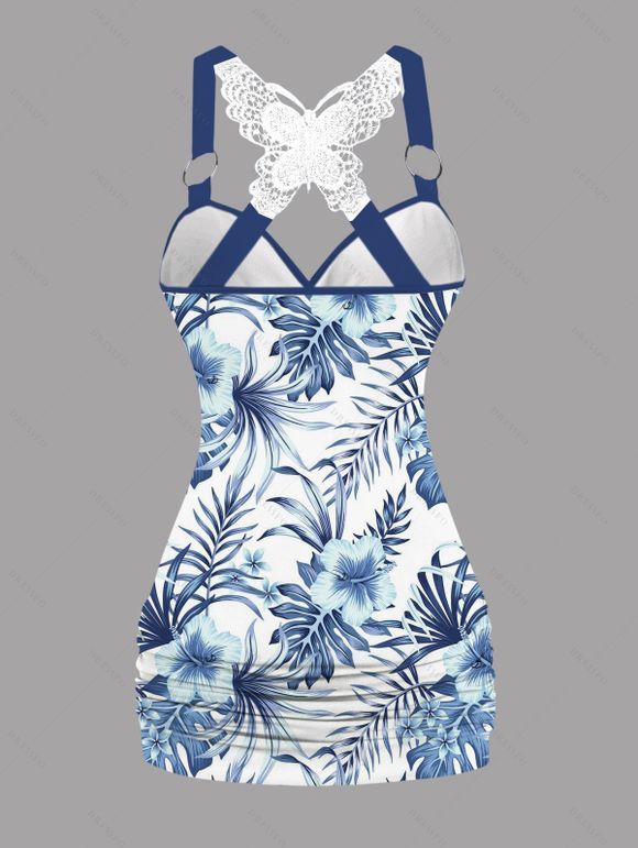 Débardeur de vacances froncé en dentelle avec motif de feuilles tropicales et de fleurs d'hibiscus et de papillons, haut long à bretelles et anneau en O - Bleu XL | US 12