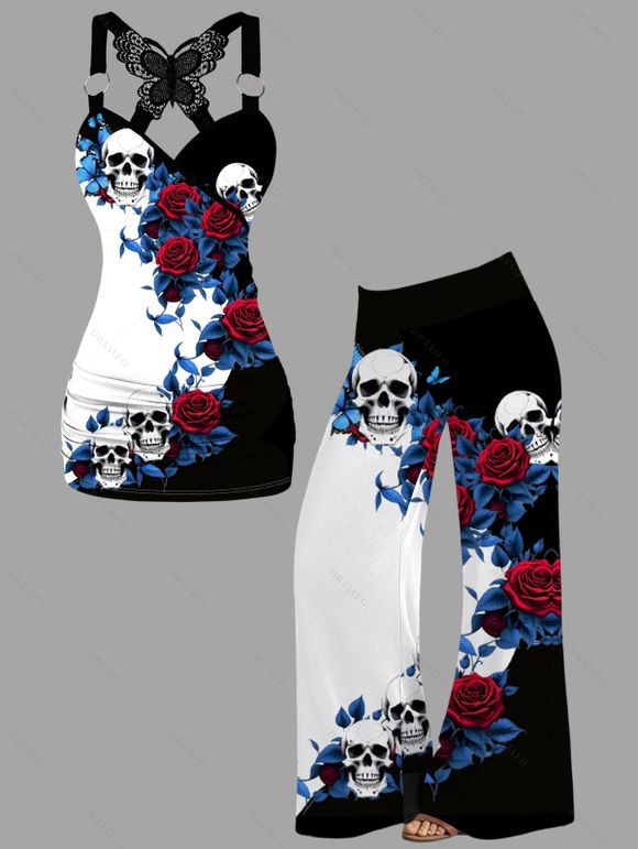 Gothic Women Outfit Rose Leaf Skulls Pattern Butterfly Lace Ruched Surplice O Ring Strap Tank Top and Wide Leg Pants Holiday Set - Noir S | US 4