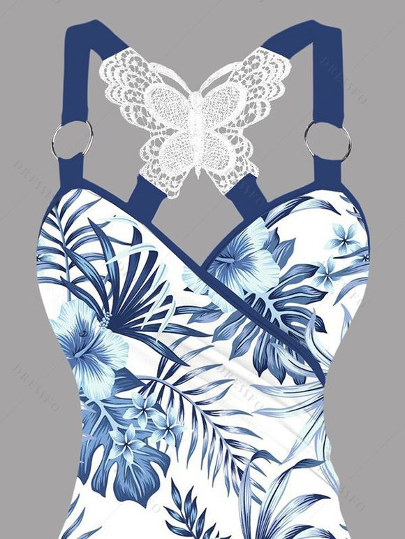 Débardeur de vacances froncé en dentelle avec motif de feuilles tropicales et de fleurs d'hibiscus et de papillons, haut long à bretelles et anneau en O - Bleu XL | US 12